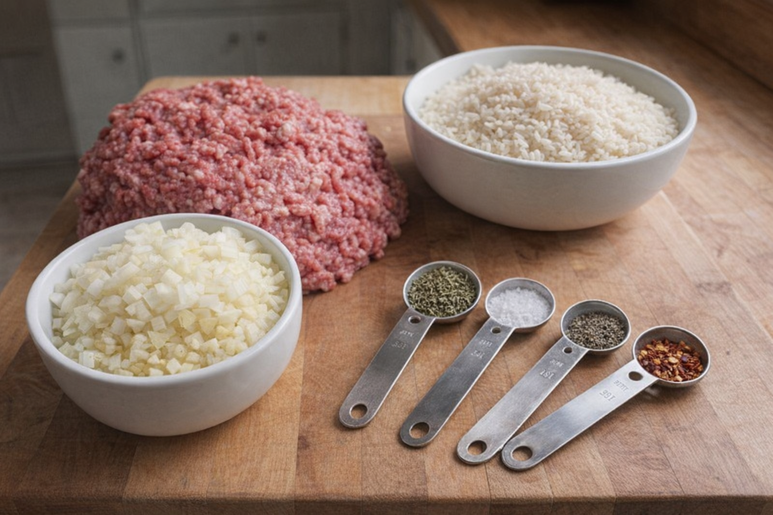 A close-up shot of the ingredients prepped: ground beef, rinsed rice, diced onion and garlic, and measuring spoons with spices, arranged neatly on a wooden cutting board